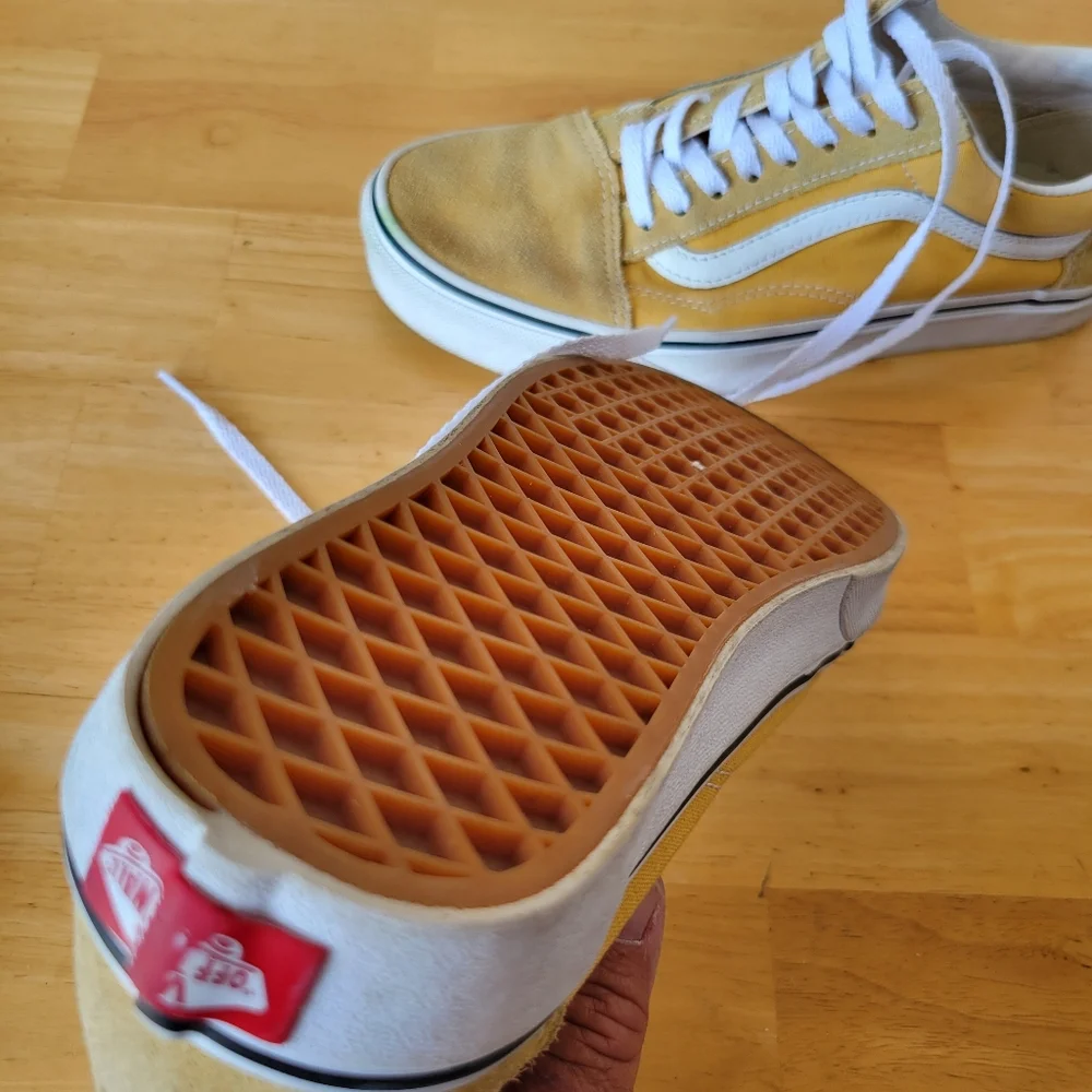 Vans Yellow Suede Sneakers with White Laces Old Skool Skate Low Mustard
